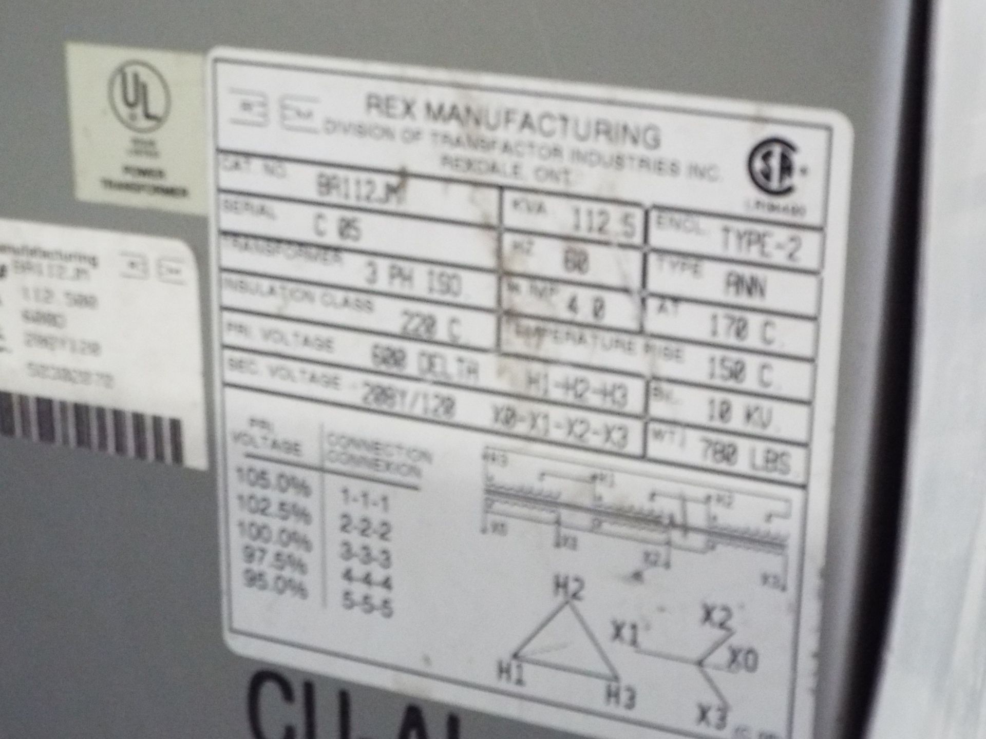 REX 112KVA, 3PH, 600HV, 208/120LV DRY TYPE TRANSFORMER - Image 2 of 2