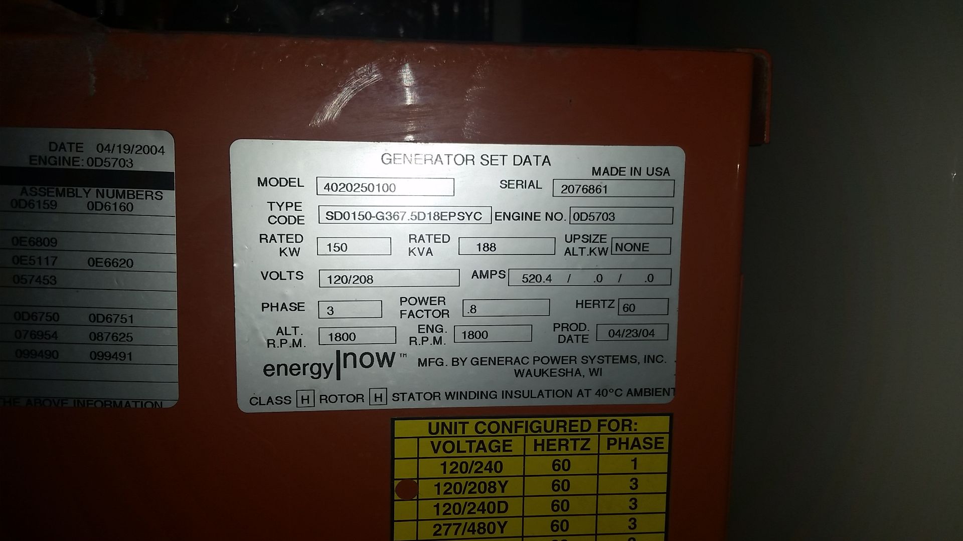 ENERGY NOW (2004) ENR-150 150KW BACKUP GENERATOR WITH APPROX. 120 HOURS, MITSUBISHI 0D5703 7.5L - Image 2 of 4