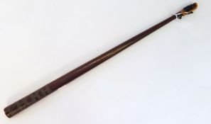 Possible tribal whip of tapered hardwood handle with geometric lead inlay to base having remnants