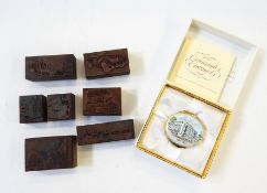 Wooden and copper engraved printing blocks depicting old buses and trains, etc.
