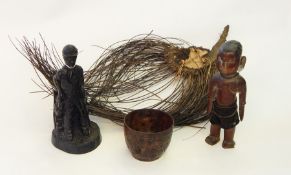 Tribal stick, wooden tribal sculpture, hardwood bowl with engravings of elephants,