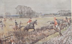Three hunting prints depicting the hunt and hounds across rolling landscapes (3)