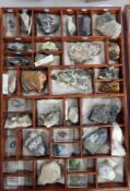 A tray of geological specimens to include natural and polished stones such as prehnite, wolframite,