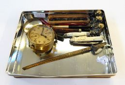 A Zenith Watch Company brass alarm clock, brass letter opener in the form of sword with scabbard,
