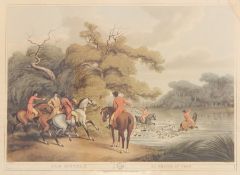 Hunting prints
"Stag Hunting 2" "La Chasse au Cerf", huntsman and hounds crossing a river, 34cm x