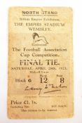 1923 FA Cup final ticket, Saturday April 28th 1923, North Stand, block G, row 12, seat 8, priced £1.