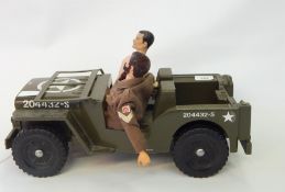 1960's/70's Action Man wearing army jacket, another similar male doll, Army jeep and trailer,