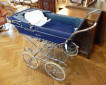 Silver Cross blue baby's pram on silver tubular metal folding base