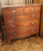 19th century mahogany chest of two short and three long graduated drawers, on splayed bracket feet,