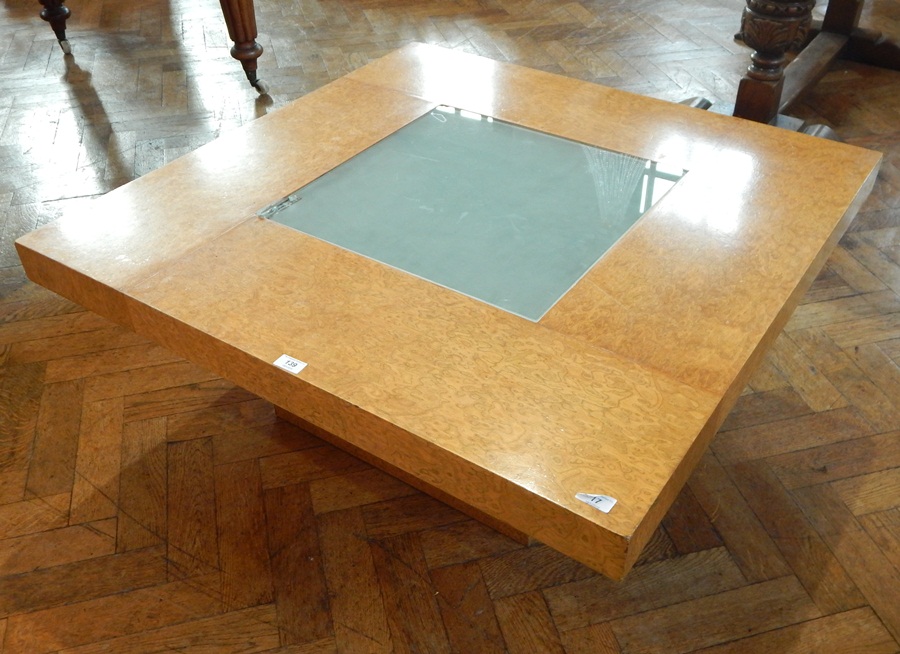 Art Deco burr, polished wood and smoked glass coffee table,