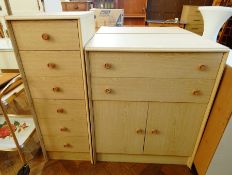 Oak effect chest of five drawers with a matching cupboard of two drawers and a small chest of six