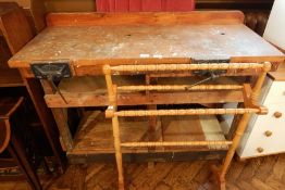 Old workbench with a pair of vices and undershelf,