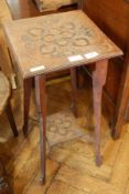Art Nouveau stained wood occasional table, square with floral foliate carving, with undershelf,