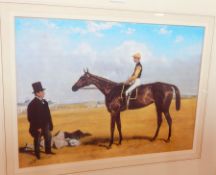 Three reproduction colour prints showing 19th century racehorses