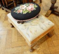 Oak framed footstool with needlework cushion, on cabriole feet,