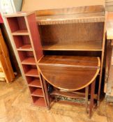 Oak open bookcase of four shelves, width 91cm, small mahogany and satinwood banded Sutherland table,