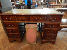 Modern mahogany pedestal desk, with inset leather writing surface, three frieze drawers,