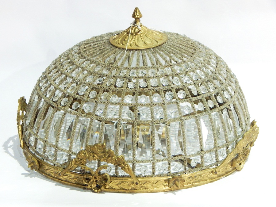 Gilt metal, glass bead and prism three-light ceiling lamp of domed form,
