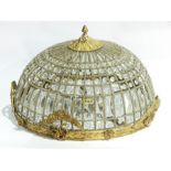 Gilt metal, glass bead and prism three-light ceiling lamp of domed form,