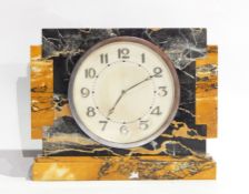 Art Deco style yellow and black veined marble mantel clock, raised on a plinth base,