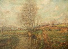 Unattributed
Oil on canvas
River landscape with trees and cottage, signed indistinctly,