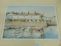 John Gillow 92 
Limited edition print
"Salcombe White Strand", boats moored in front of cottages,