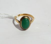 9ct gold and green stone ring set oval cabochon stone (probably jade)