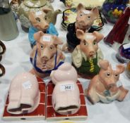 Set of five various Natwest pottery pigs and pair Carltonware pottery pig bookends (7)