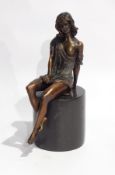 Bronze model of a partially draped female, seated on cylindrical marble base,