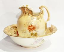 Victorian Doulton Burslem pottery ewer and basin having scroll handle to the oblate ewer,