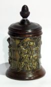 Antique turned oak and bronze tobacco jar, cylindrical,