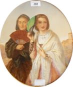 19th century school
Watercolour drawing
Oval portrait of elderly and younger woman holding fan in