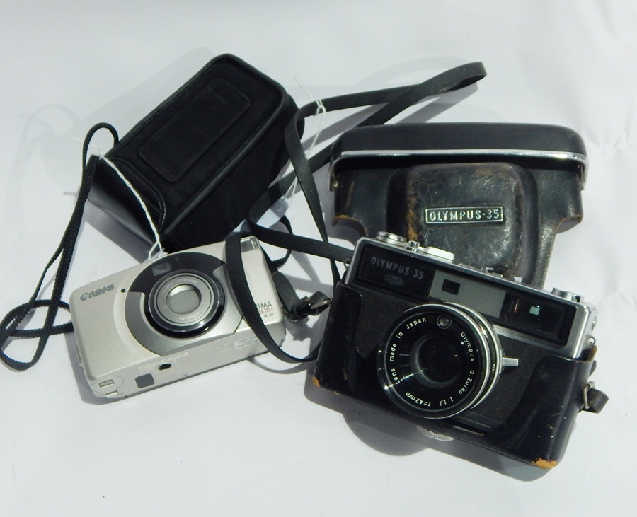 Two pewter warming pans, shaped dish, Olympus camera,