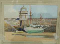 J Heseldin
Watercolour
Harbour wall and boat with rigging, 15.