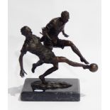 Bronzed metal figure group, pair footballers on rectangular marble base,
