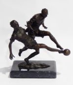 Bronzed metal figure group, pair footballers on rectangular marble base,