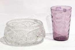 Cut glass fruit bowl and a purple wave-pattern vase