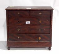 Victorian stained pine miniature chest of four long drawers, on turned wood stump supports, 42.