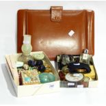 Leather writing pad, quantity of costume jewellery, old scent bottles, compacts, etc.