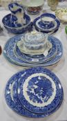 Three Victorian earthenware meat dishes "Willow" pattern, two matching plates,