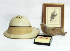 A collection of pictures and prints, a Christy's pith helmet retailed by Miller,