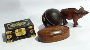 Quantity of hardwood decorative items, brassware, reproduction miner's lamp, etc.