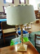 Brass pillar table lamp with four scroll branches and spirally twisted column,