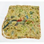 18th century woolwork fabric piece, possibly from a corner chair, depicting parrot on a branch,