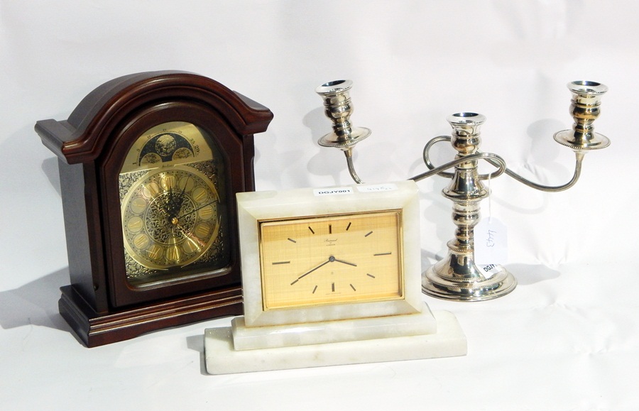 A modern Bentima reproduction bracket clock with quartz movement and a mid 20th century marble