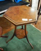 19th century hexagonal burr walnut side table with moulded edge on splayed legs with undershelf,