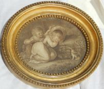 Mezzotint
Oval gilded frame with bead borders, two children asleep, birdcage and cat,