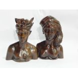 Pair of Eastern carved wood busts of women in elaborate headress',