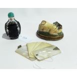 Chinese black overlay cameo snuff bottle, Victorian crochet misers purses,