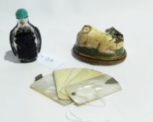 Chinese black overlay cameo snuff bottle, Victorian crochet misers purses,